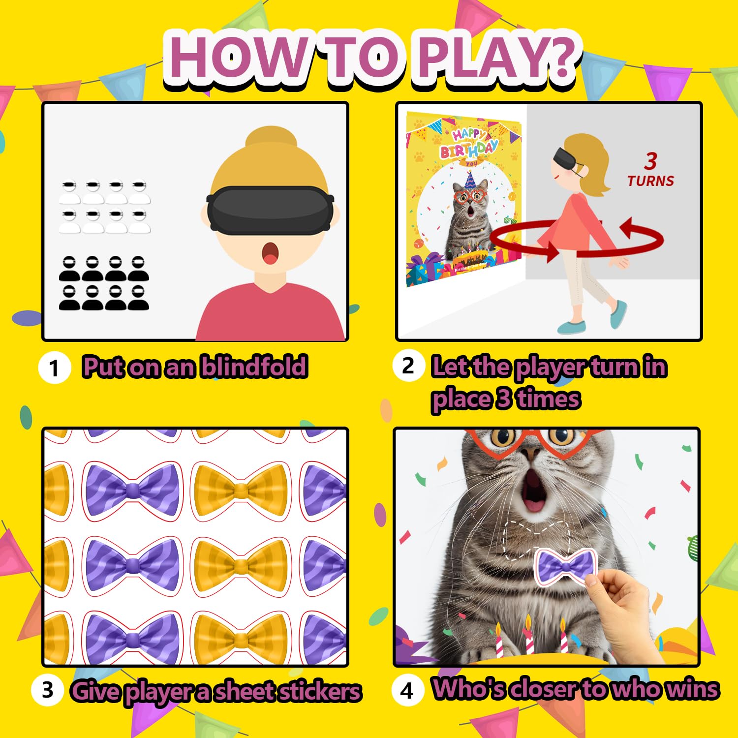 Cat Birthday Party Games For Kids, Pin The Bow On The Cat, Themed Pet Party Decorations Favors Supplies - 32 Stickers