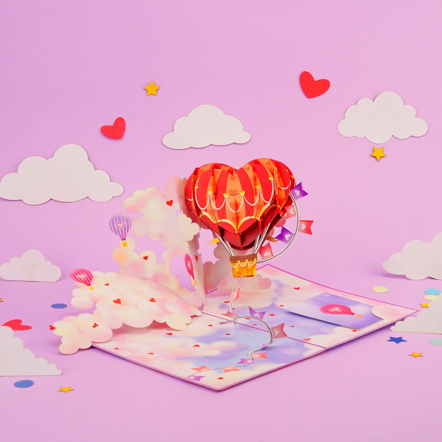 Heart Hot Air Balloon Pop Up Card, Cloud, Love 3D Popup Greeting Cards, Gifts For Valentines, Birthday, Mothers Day, Anniversary, Thinking Of You, 5X7 - Includes Envelope And Message Note