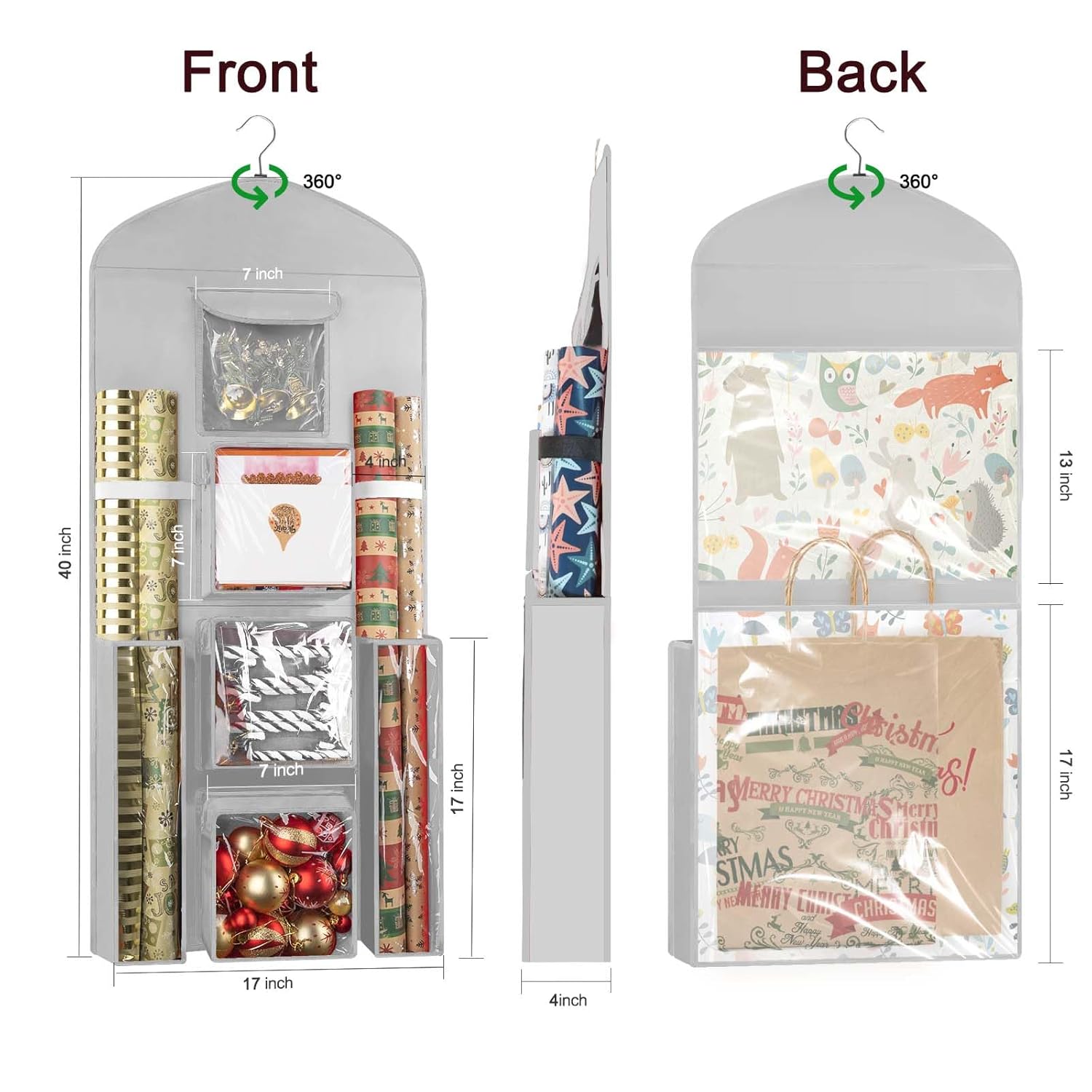 Hanging Gift Wrapping Paper Storage, 40"X17" Grey Double-Sided Christmas Wrapper Bag Container, Oxford Craft Roll Organizer, Present Wrap Holder For Bedroom Closet, Door, Cabinet