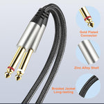 DTECH 5ft 3.5mm to 1/4 Adapter Audio Stereo Cable TRS 1/8 to Dual Quarter Inch TS 6.35mm Y Splitter Guitar AMP Aux Cord for Headphones Jack Laptop Speaker Phone Mixer