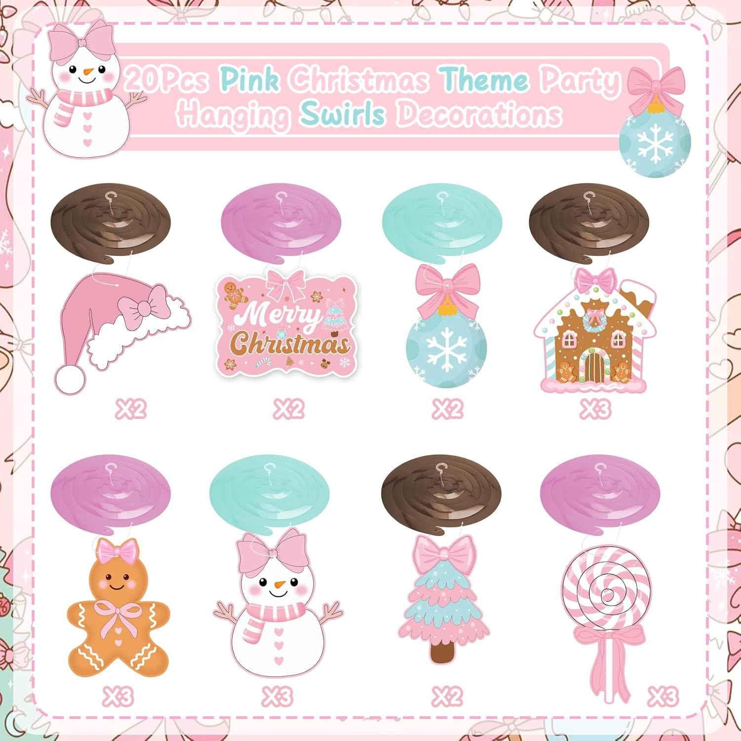 Pink Christmas Party Hanging Swirls Decorations, Pink Xmas Bow Merry Christmas Gingerbread Man Hanging Ornaments For Christmas Birthday Baby Shower Decor, Winter Holiday New Year Party