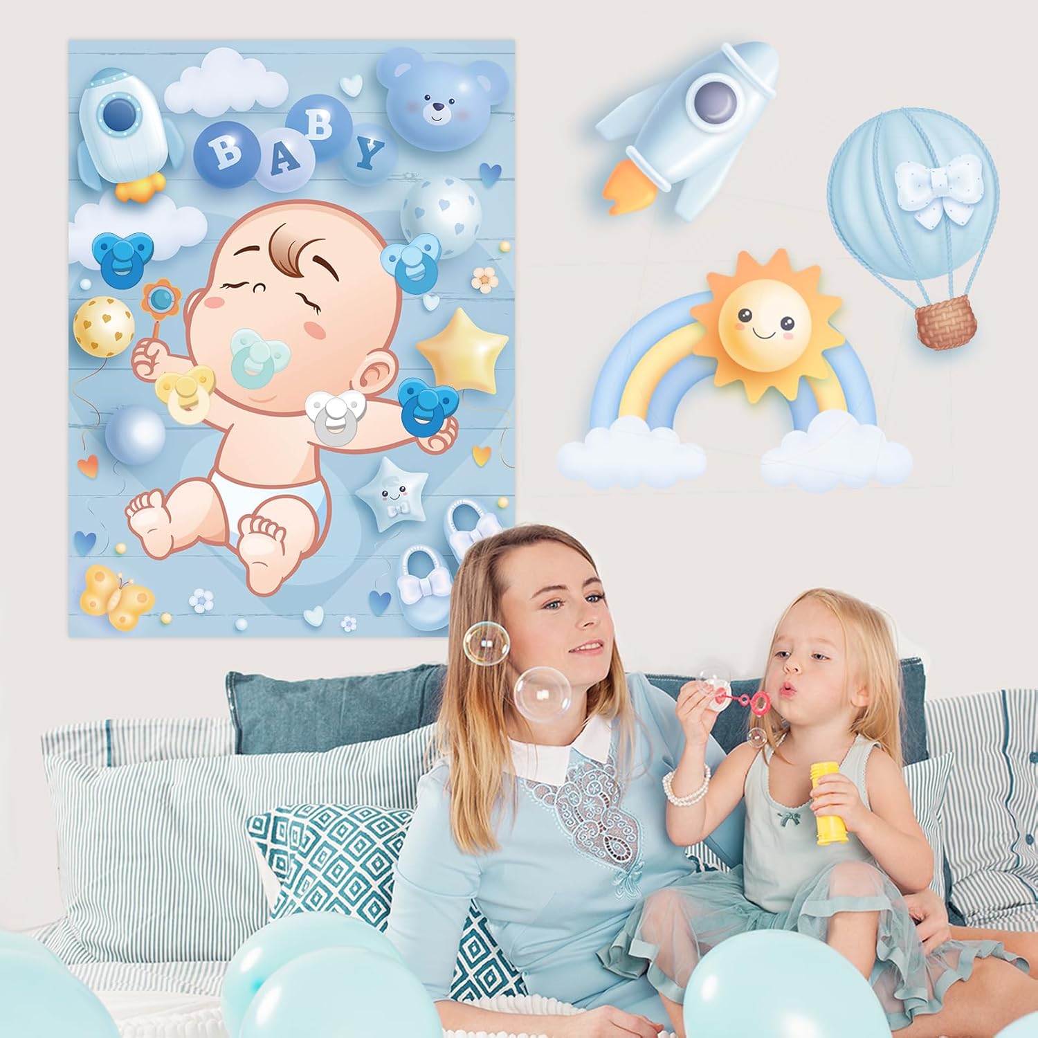 Pin The Pacifier On The Baby Shower Games Blue Balloon Baby Shower Decoration With Large Poster 48 Stickers Blindfold Pin Game For Birthday Party Decorations Activities Supplies