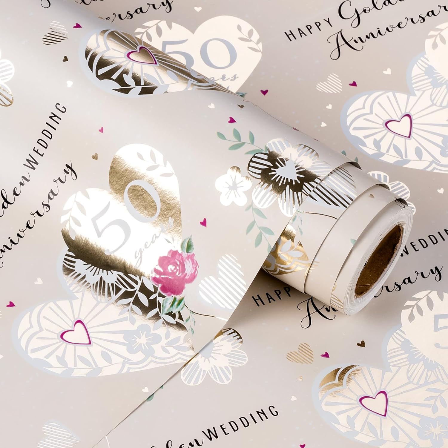 50Th Anniversary Wrapping Paper Roll - Mini Roll - 17 Inch X 33 Feet - Gold Foil 50 Years Happy Golden Wedding Anniversary Design Perfect For Celebration, Party