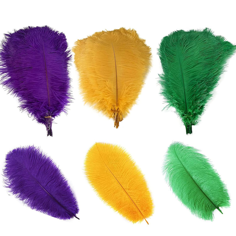 12 Pcs Mardi Gras Ostrich Feathers For Crafts-10 Inches Green Purple Gold Natu