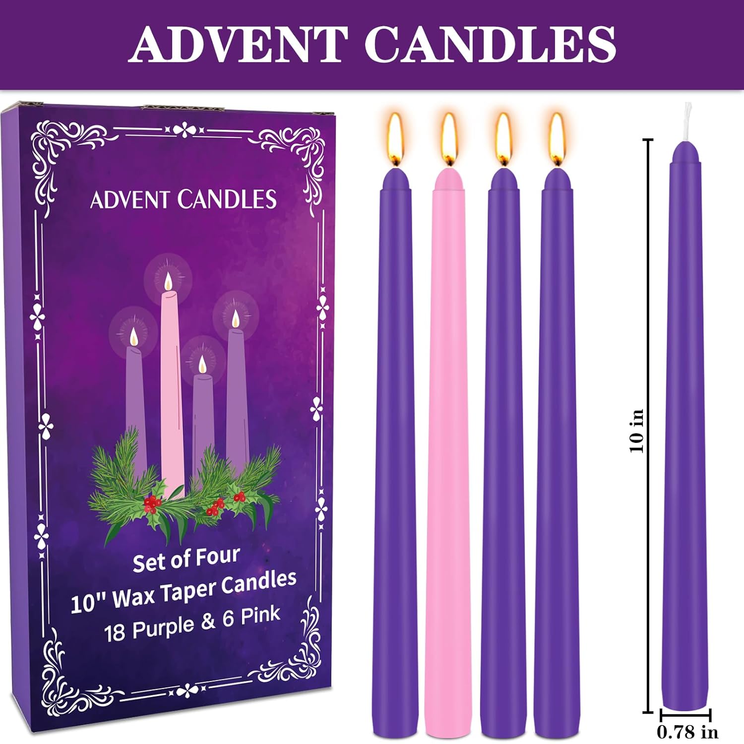 24 Count Advent Candles, 10 Inch Purple And Pink Christmas Wreath Candles - 18 Purple & 6 Pink Complete 24-Day Advent Candle Set For Church, Home Decor, Long-Lasting Holiday Season Candle