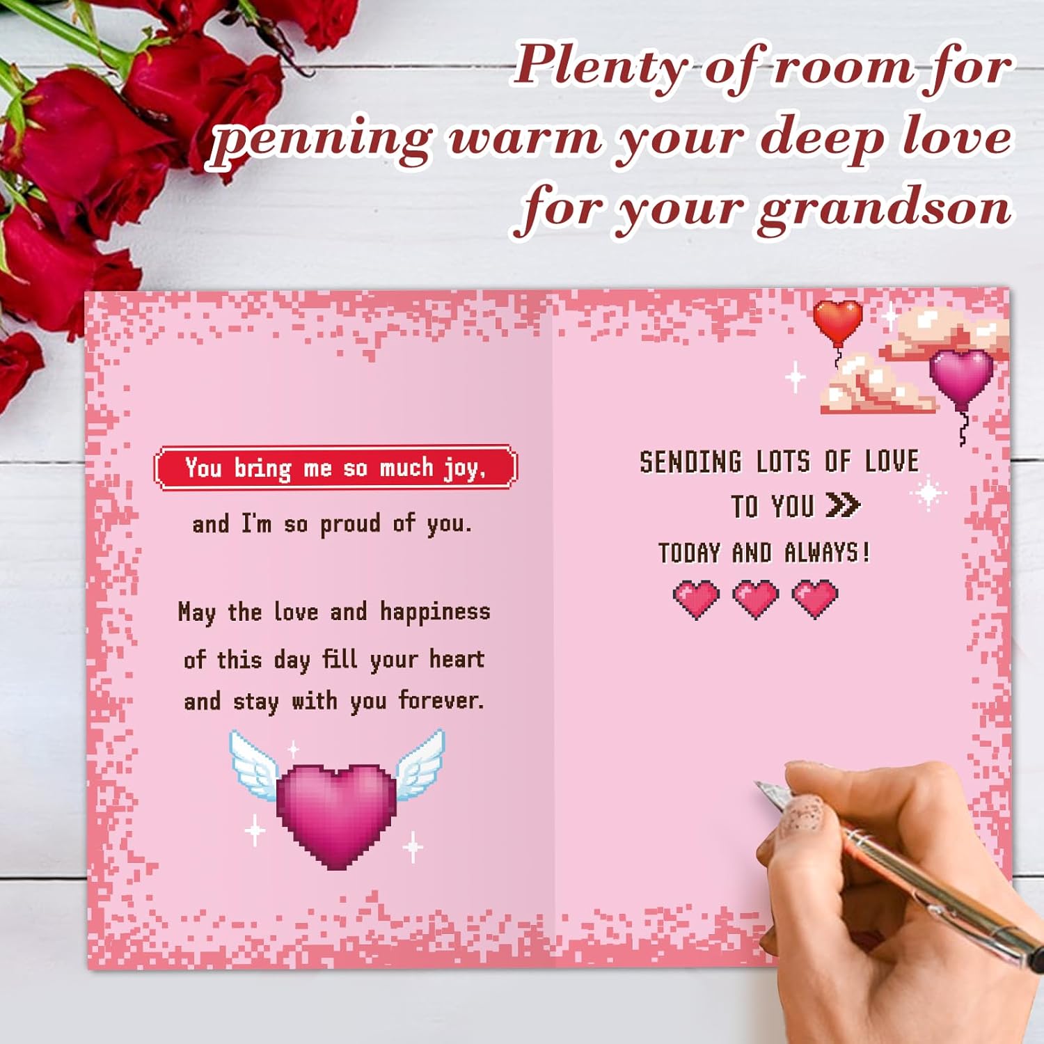 Pixel Valentine Card For Grandson - Retro Gamer Style Happy Valentine'S Day Card For Grandson From Grandparents (5.5”X8”, With Envelope)