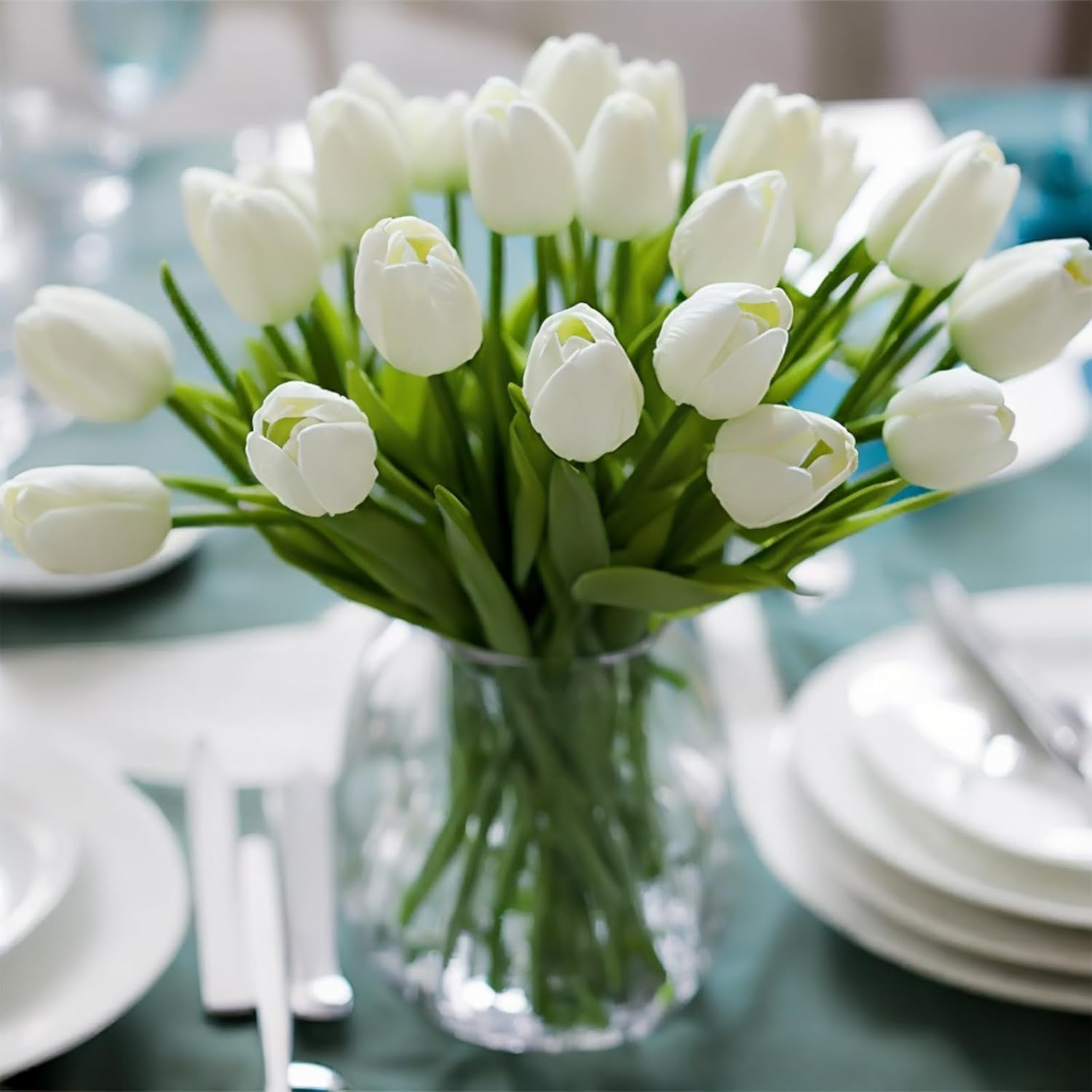 30Pcs Real Touch Tulips Pu Artificial Flowers, Fake Tulips Flowers For Arrangement Wedding Party Easter Spring Home Dining Room Office Decoration. (White)