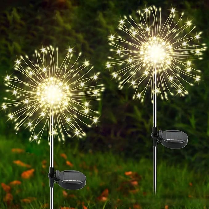 2 Pack Solar Starburst Firework Lights 120 LED Warm White Waterproof Garden Yard Decor