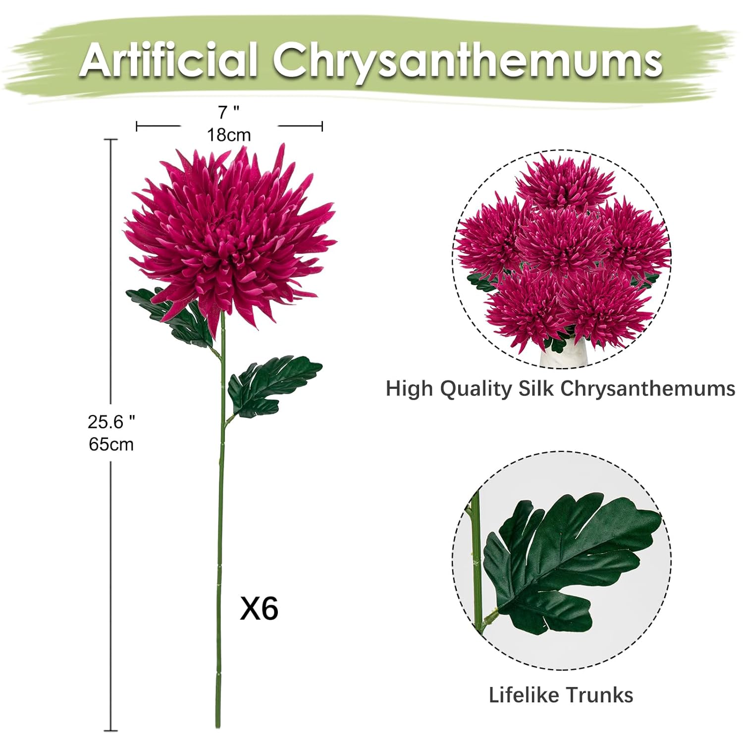 6Pcs Purple-Pink Artificial Mums Flowers Spring Chrysanthemum Flowers 25.6" Long Stem Faux Spider Mum Flower Large Floral Arrangements Bouquets Fake Pincushion Silk Flower Home Decor
