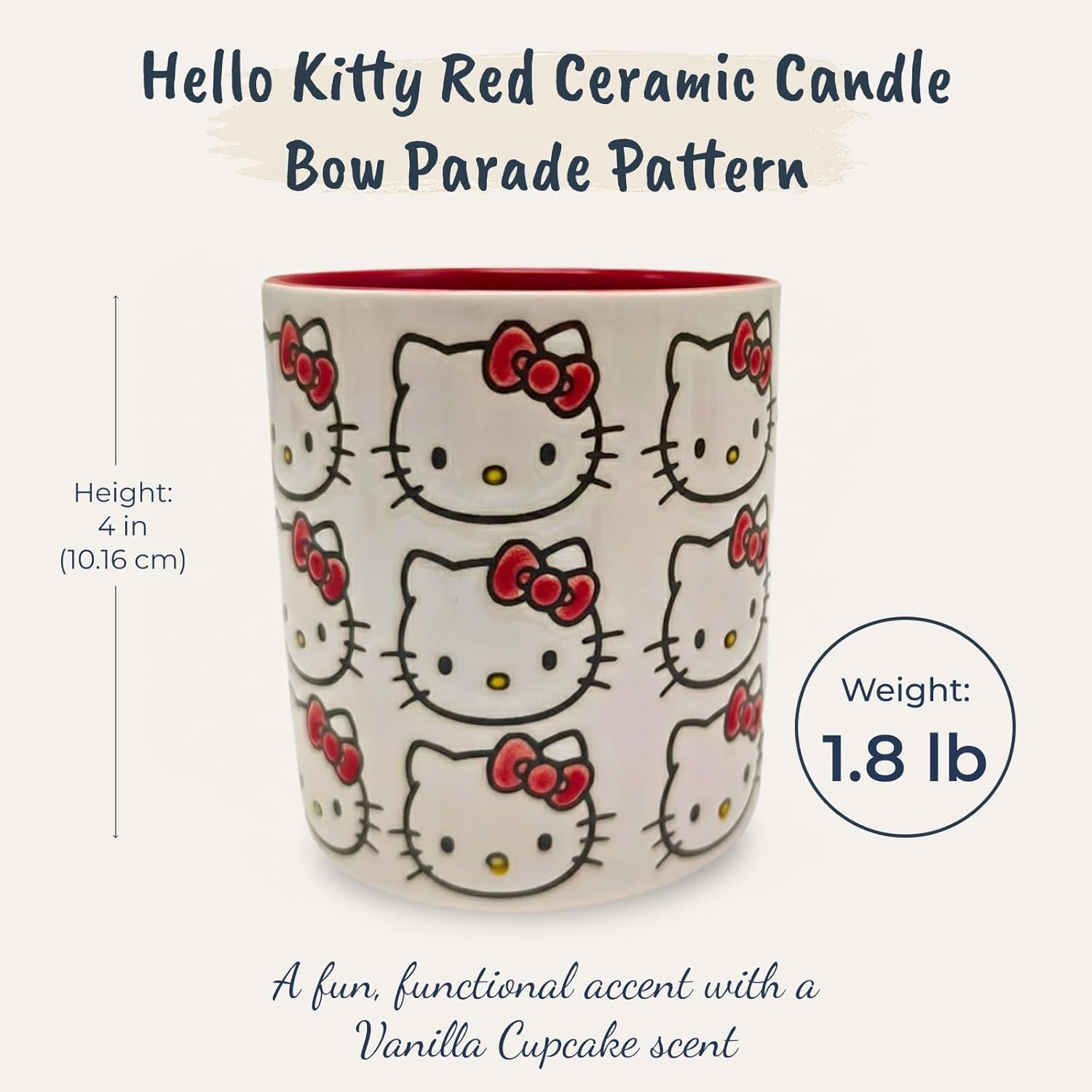 Blue Sky Clayworks Hello Kitty Face Pattern Red Ceramic Candle, Vanilla Cupcake Scent, 3.5" L x 3.5" W x 4" H, Bow Parade Glow