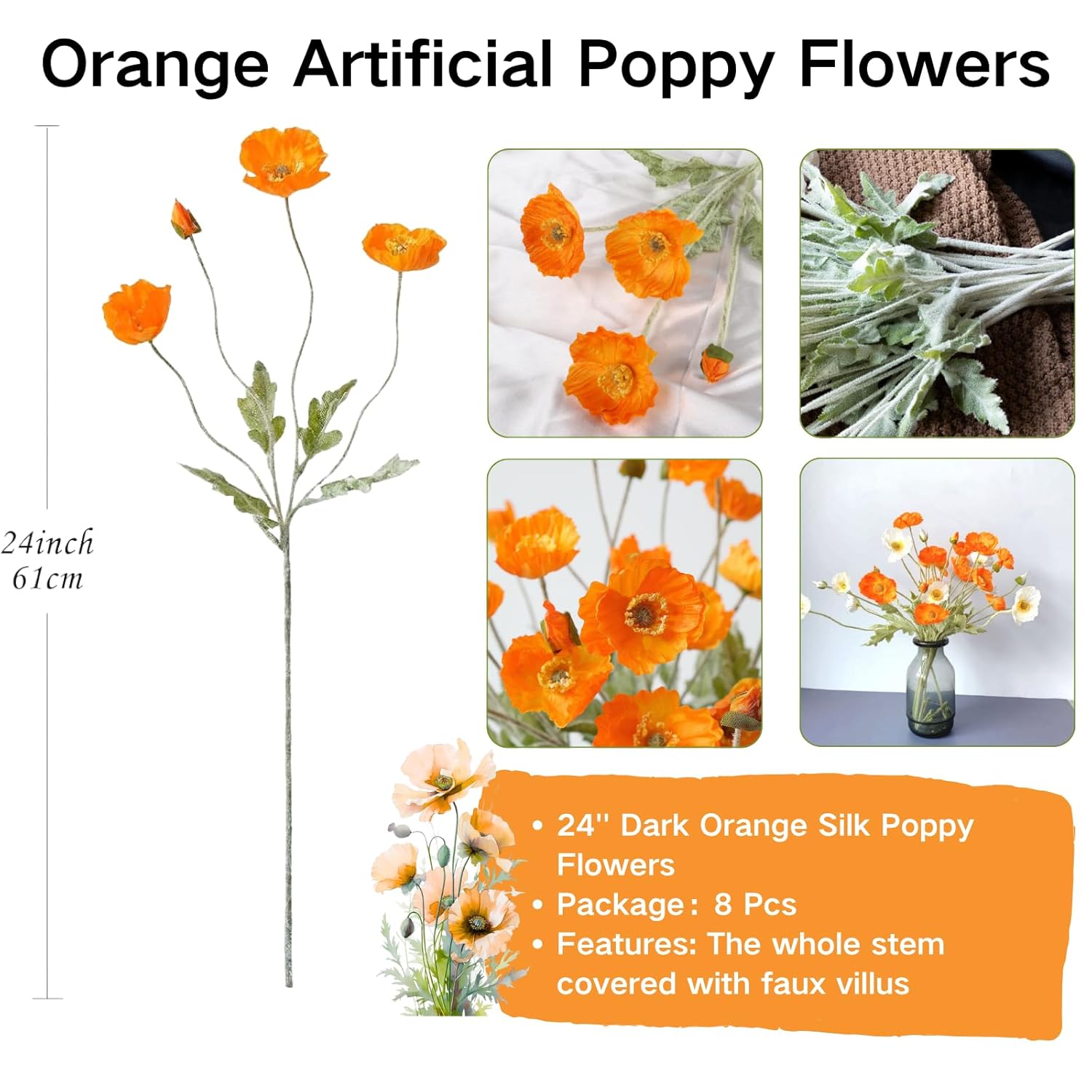 8 Stems Artificial Flowers Fake Faux Poppy Silk Bouquet Orange Flowers For Wedding, Home, Party Decoration,Table Centerpiece Arrangement(8, Orange)