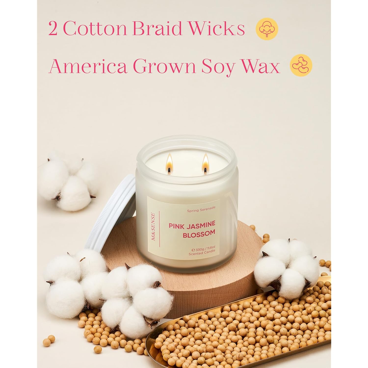 Pink Jasmine Rose Scented Candle - 11.6Oz Natural Soy Wax 70-Hour Long Lasting Burn Time, 2-Wick Spring Non-Toxic Romantic Candle For Home Decor Flower Scent Gifts For Her Him