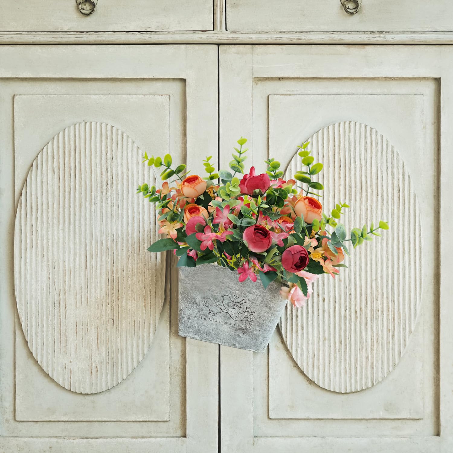 4 Bunches Peony Artificial Flowers Silk Faux Peonies With Plastic Eucalyptus Leaves Fake Bouquets For Home Indoor Outdoors Table Floral Arrangement Decoration (Red And Orange)
