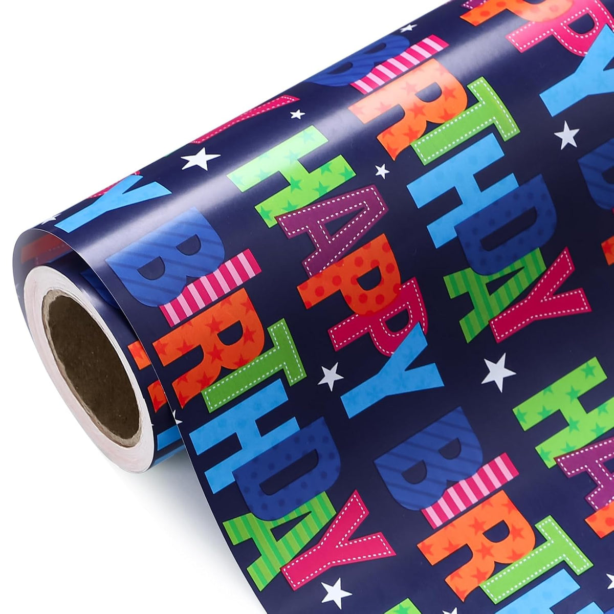 Birthday Wrapping Paper - Mini Roll - 17 Inch X 33 Feet - Blue Happy Bday Wrapping Paper For Kids Boys Adult Birthday, Baby Shower, Wedding