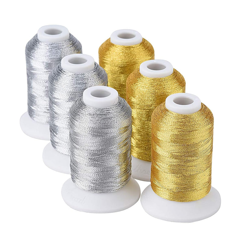 6 Spools Metallic Embroidery Machine Thread (3 Gold+ 3 Silver Colors) 500M(550