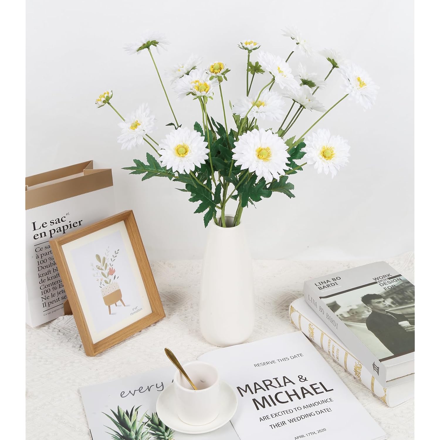 6Pcs White Daisy Artificial Flowers 22.8’’ Silk Fake Daisies Faux Wildflowers With Stems For Vase Table Centerpiece Home Wedding Party Garden Decoration(White)