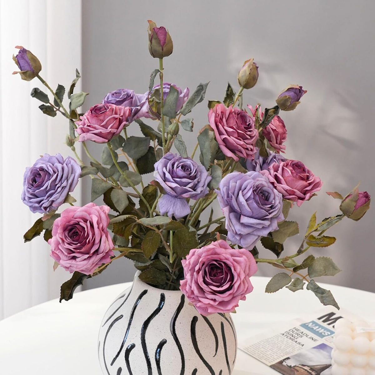 6 Pcs Faux Silk Roses Flowers Dried Artificial Roses Fake Roses Branches With Stems For Diy Bouquet Centerpieces Wedding Fillers Arrangements Shower Decorations(Dusty Purple+Dusty Pink)