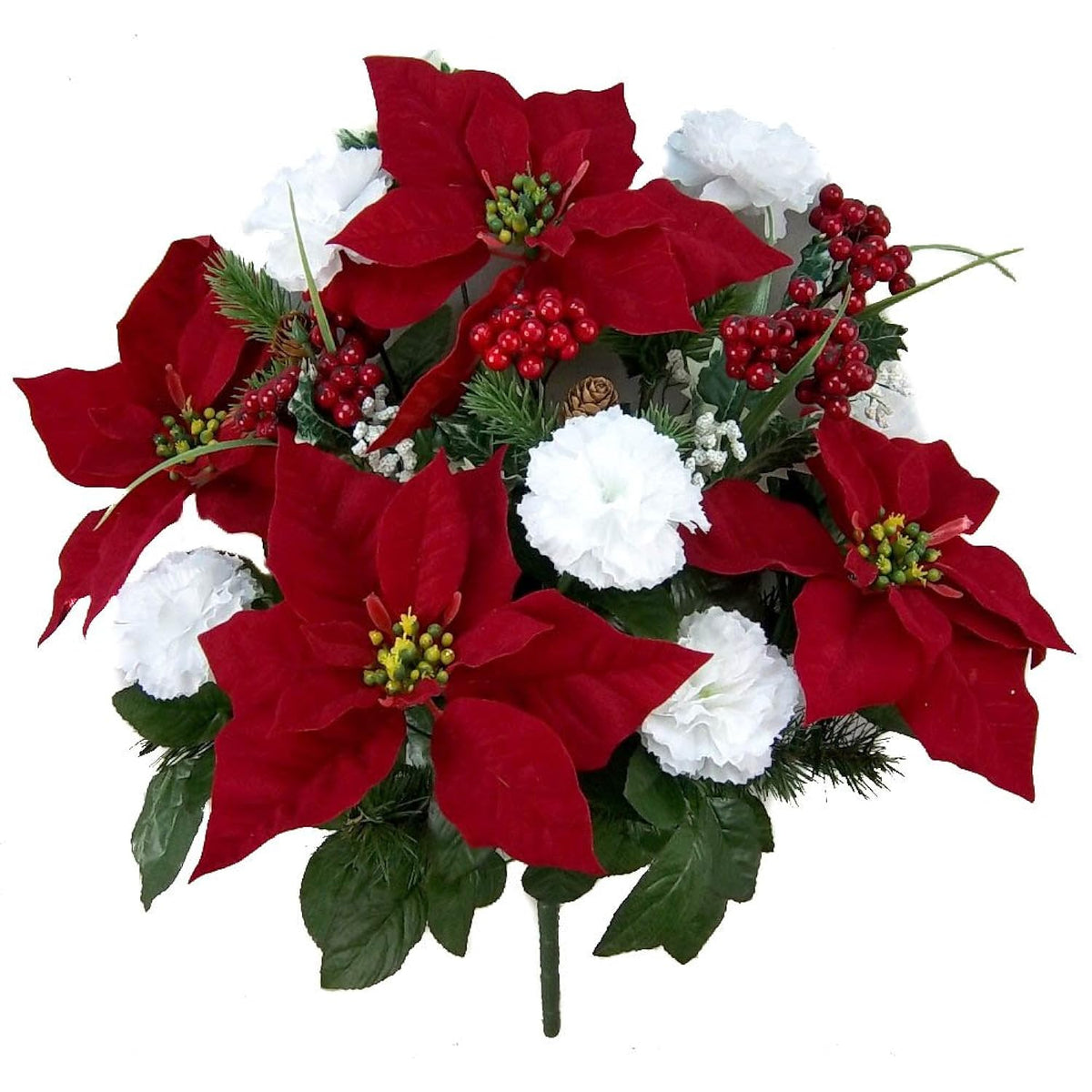 18 Stems Artificial Poinsettia Bouquet Fake Christmas Flower, Faux Velvet Poinsettia Carnations - For Home Decor, Holiday Bush, Indoor Floral, Cemetery Flowers - White/Red