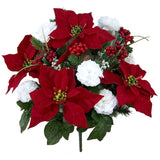 18 Stems Artificial Poinsettia Bouquet Fake Christmas Flower, Faux Velvet Poinsettia Carnations - For Home Decor, Holiday Bush, Indoor Floral, Cemetery Flowers - White/Red