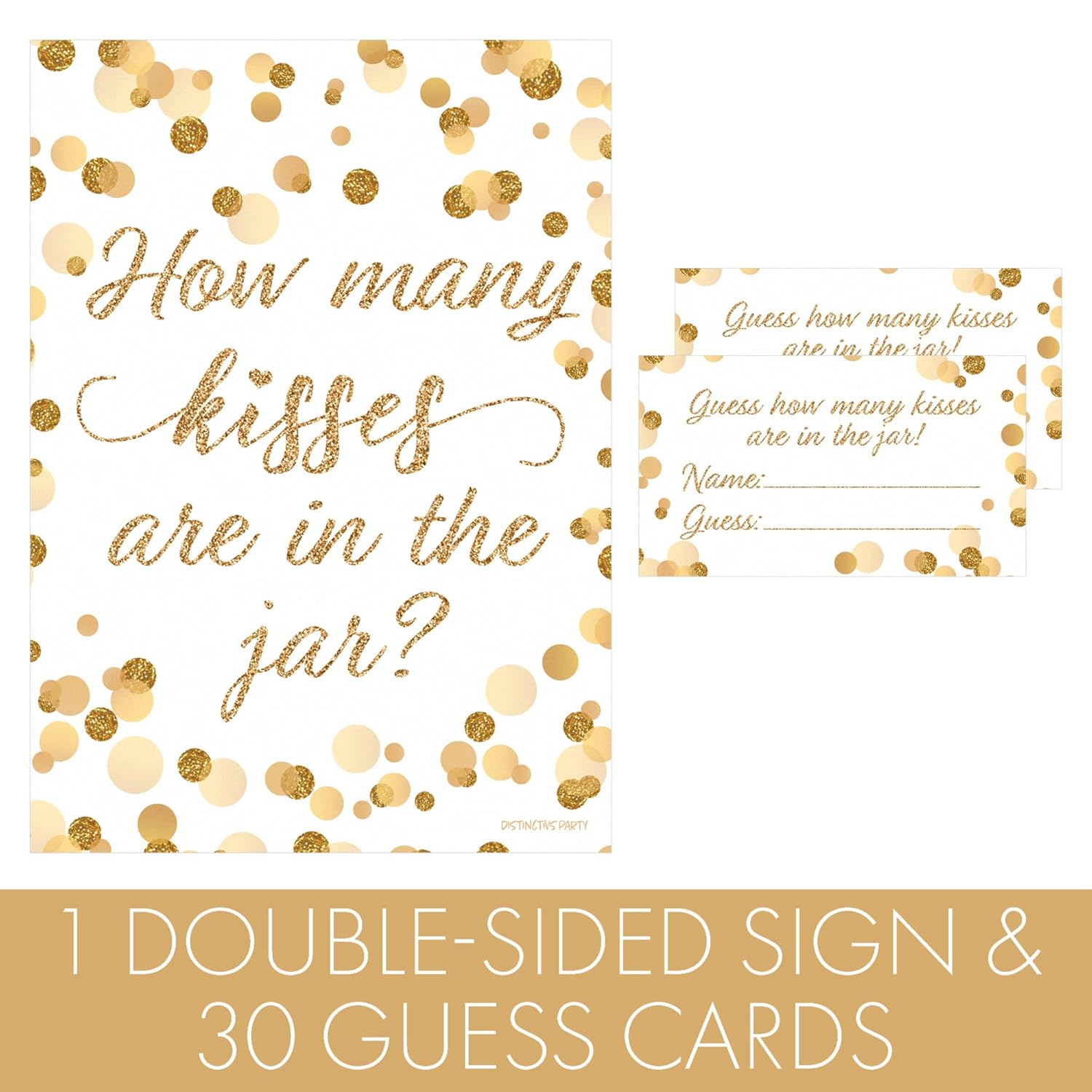 How Many Kisses In The Jar Game - White And Gold (1Sign With 30 Guessing Cards) - Bridal Shower, 50Th Wedding Anniversary, Birthday Party Game
