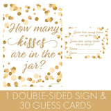 How Many Kisses In The Jar Game - White And Gold (1Sign With 30 Guessing Cards) - Bridal Shower, 50Th Wedding Anniversary, Birthday Party Game