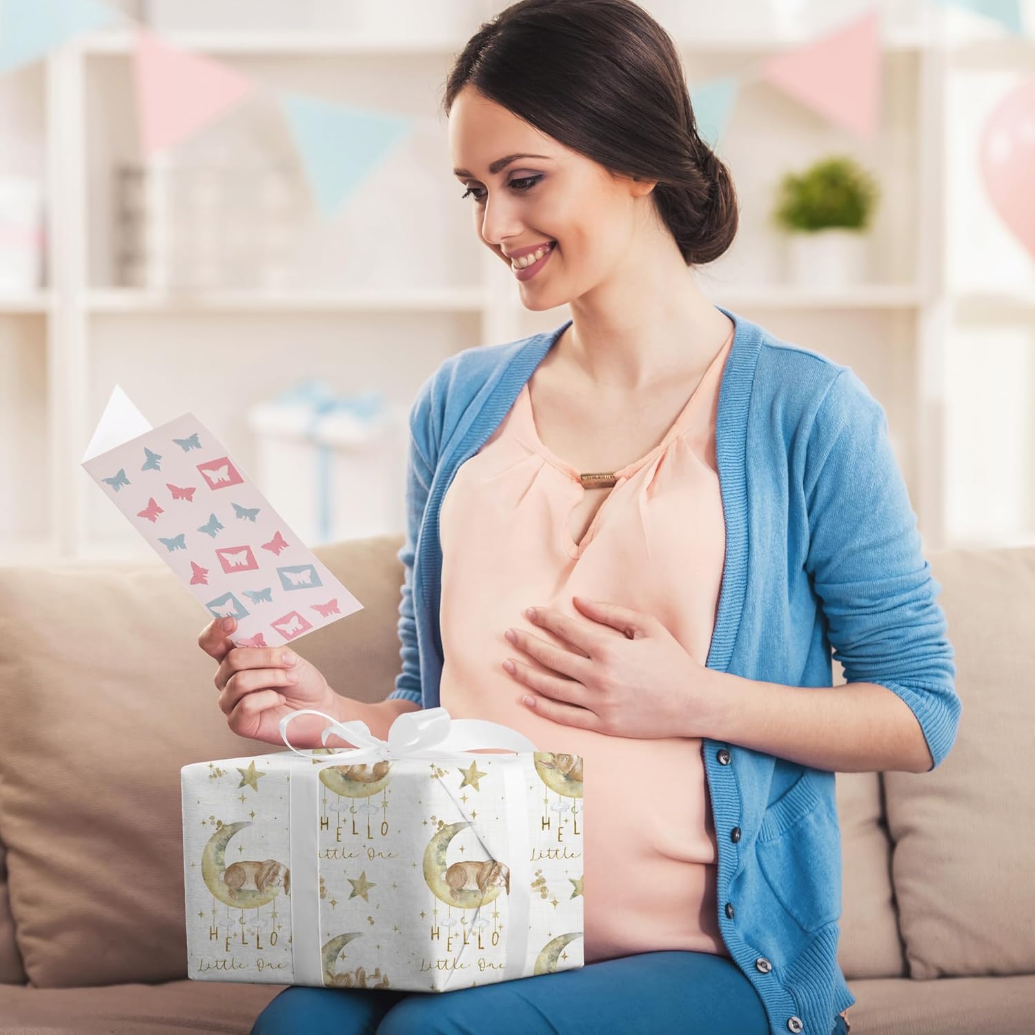 Baby Shower Wrapping Paper Roll For Kids Girls Boys - White Gift Wrap With Bunny, Moon And Hello Little One Design For Baby Shower, Birthday, Newborn - 17.5" × 26 Ft