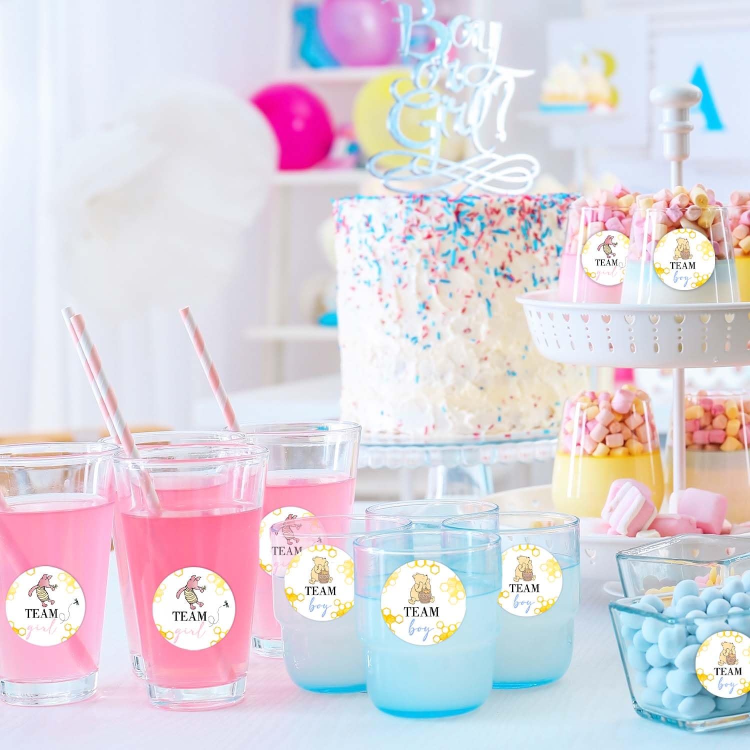 72Pcs Winnie Gender Reveal Decorations, Winnie Baby Shower Decoration, The Pooh Stickers, Team Boy Or Girl Stickers, Gender Reveal Games For Voting Game, Gender Reveal Party