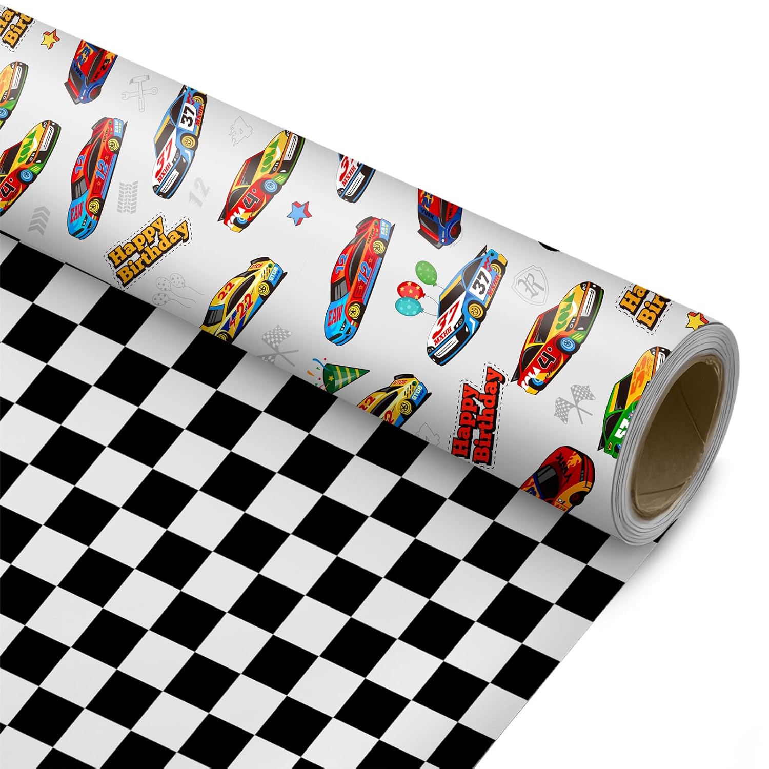 Race Car Reversible Wrapping Paper Roll - Gift Wrap With Black & White Checkered Flag On Reverse- Perfect For Holidays, Birthdays, Babay Shower And Christmas - 17.5 In X 33 Ft (48 Sq. Ft)