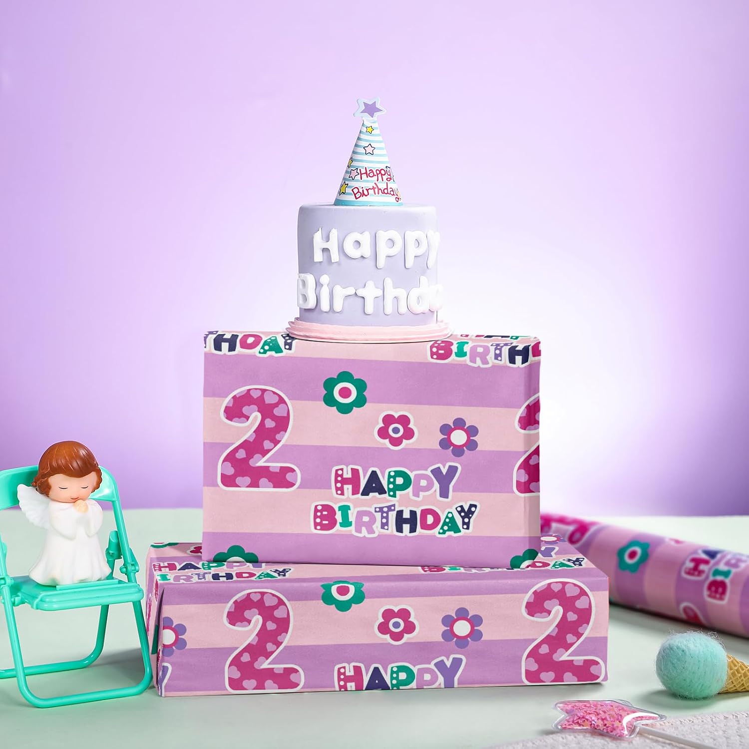 2Nd Birthday Wrapping Paper Sheet - 6 Sheets Pink Happy Birthday With Floral Design Folded Flat For Bday, Party, Baby Showers - 19.7 Inch X 27.5 Inch Per Sheet
