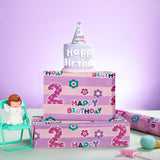 2Nd Birthday Wrapping Paper Sheet - 6 Sheets Pink Happy Birthday With Floral Design Folded Flat For Bday, Party, Baby Showers - 19.7 Inch X 27.5 Inch Per Sheet