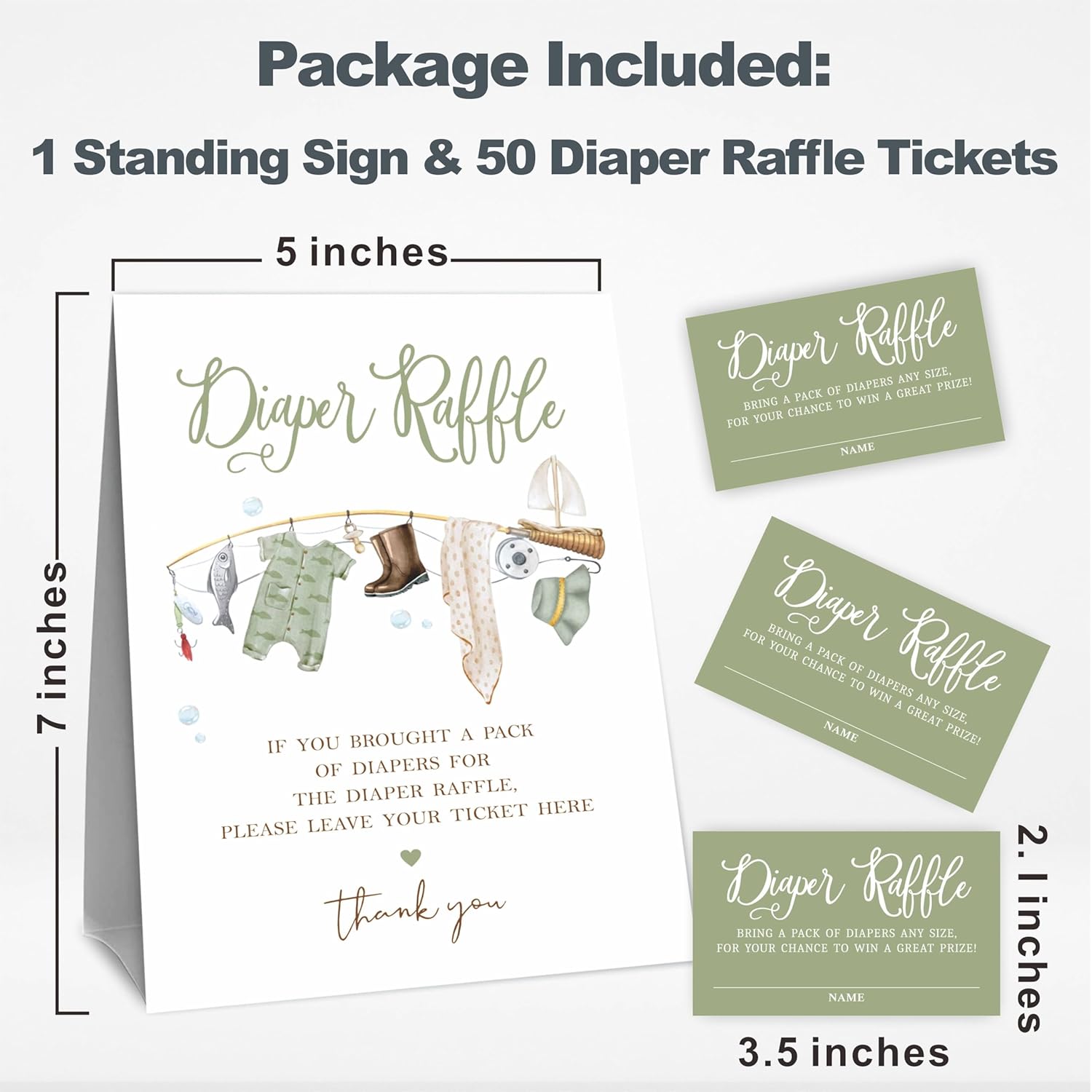 Fisherman Diaper Raffle Game Kit - Fishing Rod & Sign, 50 Tickets, Decorations For Baby Shower, Gender Reveal & Neutral, Party Favor & Supplies - A09