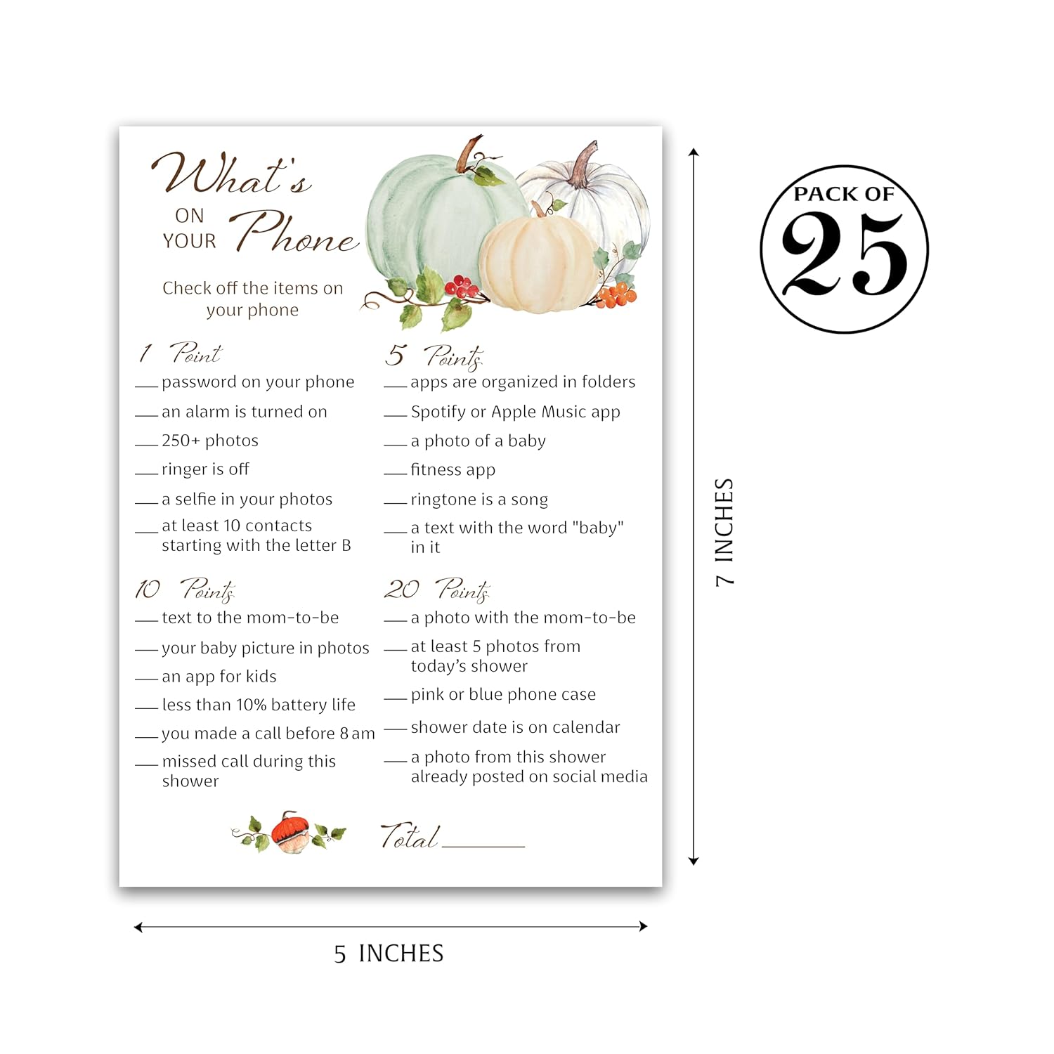 Little Pumpkin Baby Shower Game — What’S On Your Phone — Pack Of 25 — White Pumpkins Fall Baby Shower Activity — Halloween Gender Neutral Reveal Party Games G332-Phn