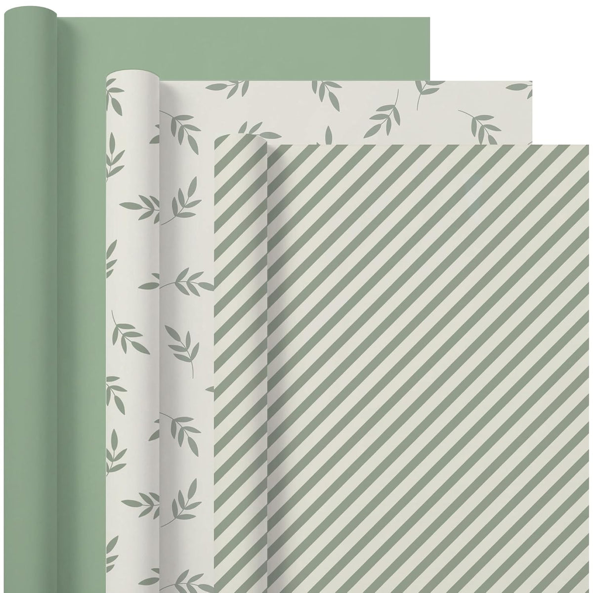 Gift Wrapping Paper Roll Set - 3 Mini Rolls 17 Inch X 9.8 Feet Per Roll, Elegant Neutral Sage Green Gift Wrap For All Occasions – Women & Men, Birthday, Wedding, Baby Shower, Christmas