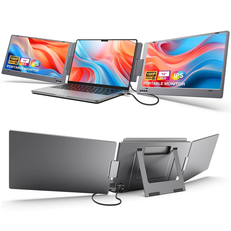 Triple Portable Monitor For Laptop, 14'' Fhd 1080P Usb-C Laptop Screen Extende