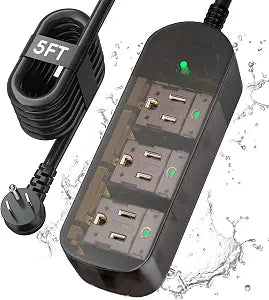 Outdoor Weatherproof Power Strip 3 Outlets 5FT Cord IPX6 Waterproof 1625W