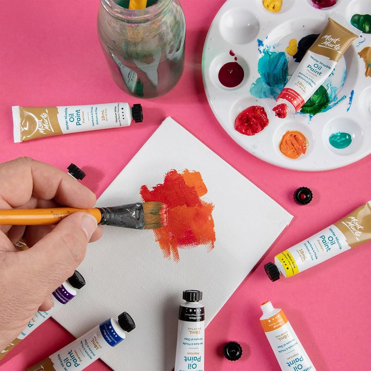 Oil Paint Set Water Mixable 8X18Ml, Titanium White,Mid Yellow,Orange,Cadmium Red,Phthalo Green,Cobalt Blue,Ultramarine Violet,Ivory Black