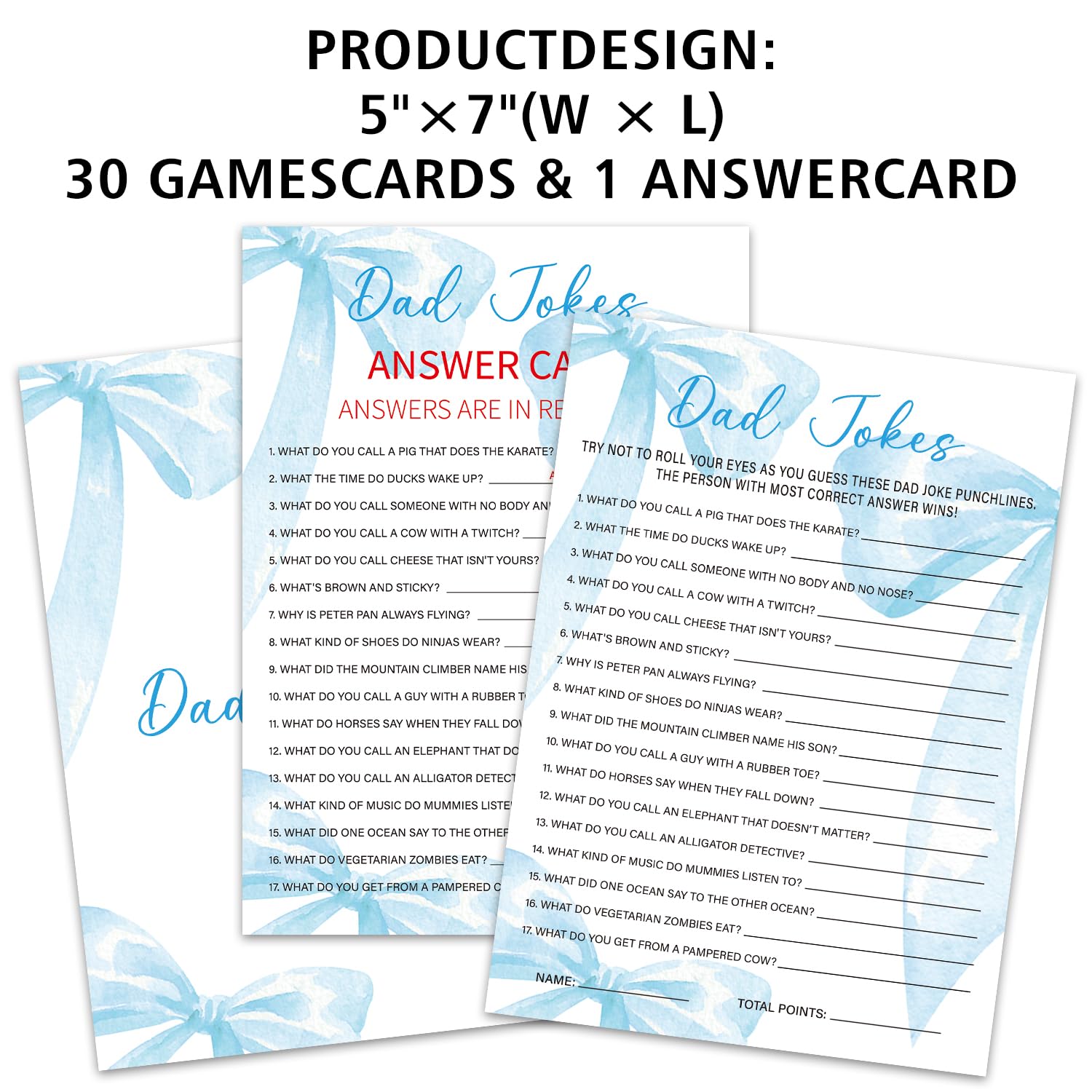Dad Jokes Game Cards, 30 Blue Bow Baby Shower Game With Answer Card, Baby Announcement Gender Reveal Party Games Supplies & Activities -B19