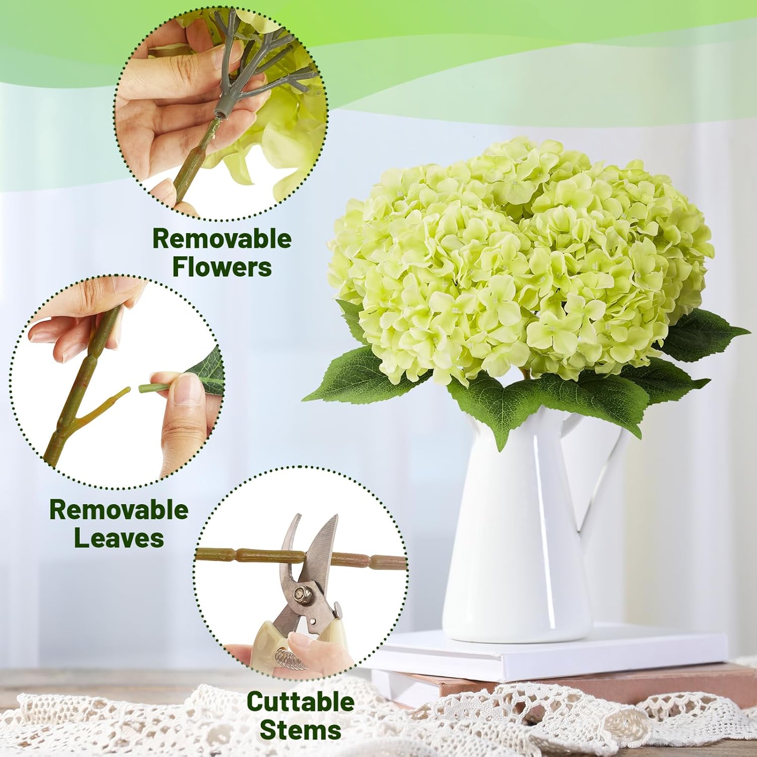 5Pcs Green Artificial Hydrangea Flowers, Slik Hydrangea With Lifelike Leaves Stems, 20Inch Large Hydrangea Flower, Faux Hydrangeas Decorations For Indoor Wedding Table Centerpieces Vase Bouquet Party