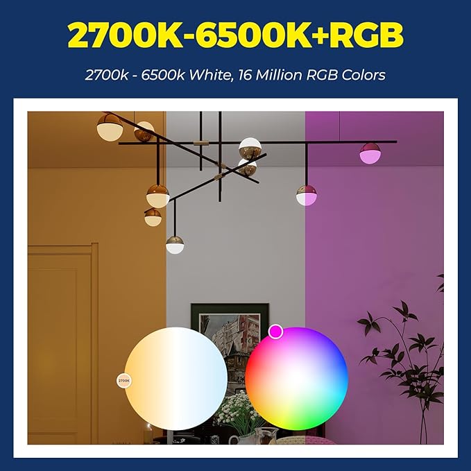 E26 Smart Light Bulbs 6 Pack G16.5 A15 RGBCW WiFi Color Changing Alexa Google Smart Bulb 50W Equivalent