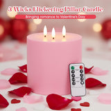Valentine'S Day Pink Extra Large Flameless Candles 6'' X 6'' Led Battery Operated Real Wax 3 Wicks Flickering Pillar Candle With Remote Control Timer For Home Wedding Party Decoration