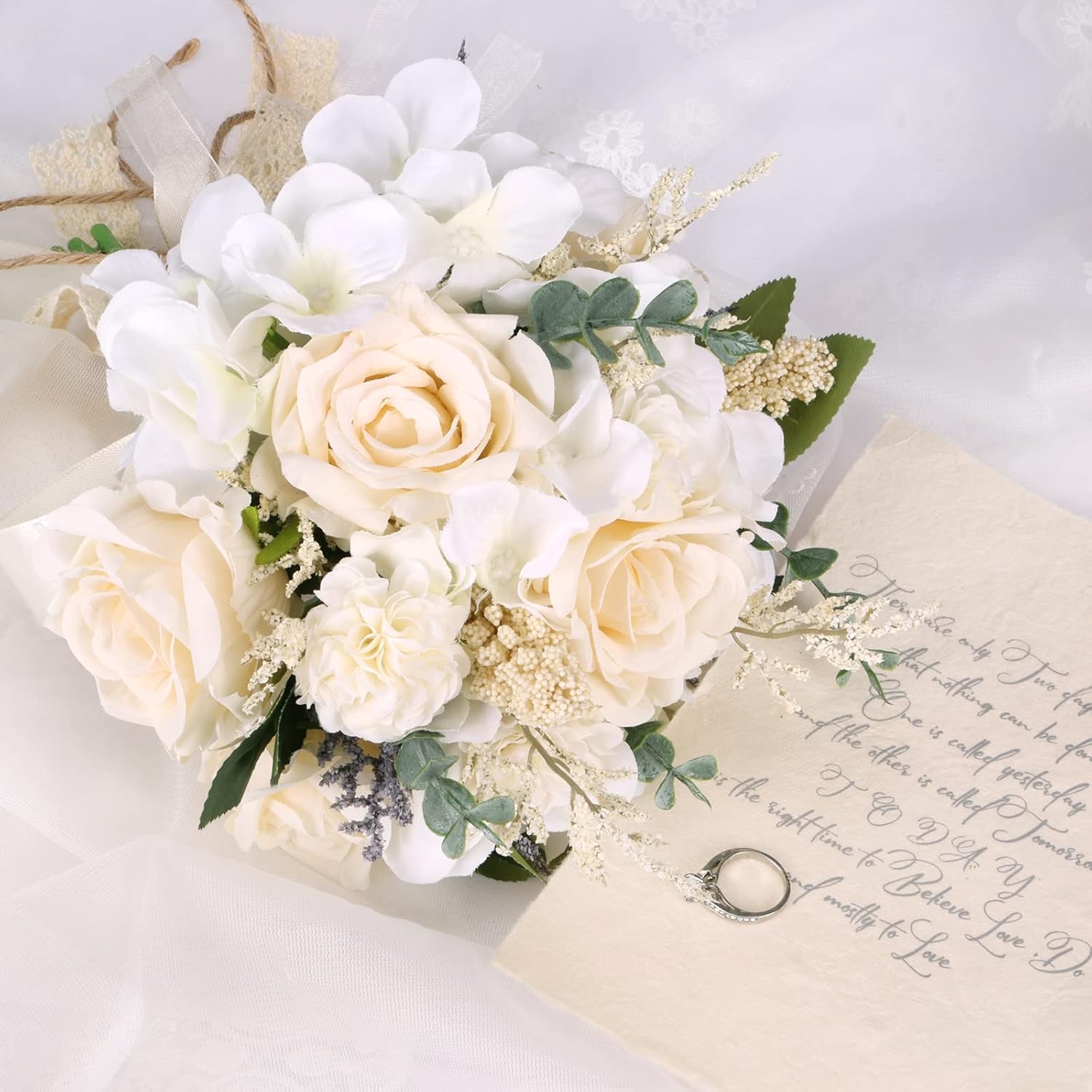 Wedding Bouquets For Bride Bridesmaid, White Champagne Artificial Roses Flowers Wedding Decoration (7.5In)