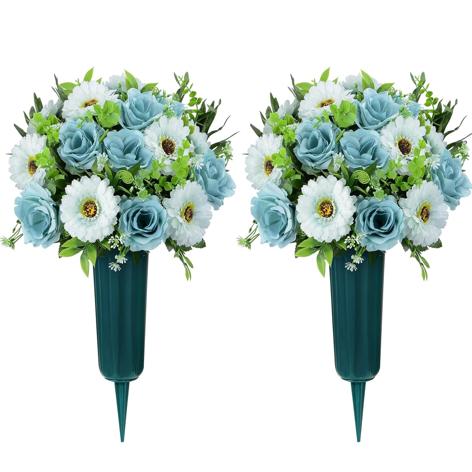 Artificial Cemetery Flowers, Artificial Silk Blue Rose Gerbera Flowers Bouquet For Grave Decoration, Set Of 2 Spring Memorial Flowers With Vase