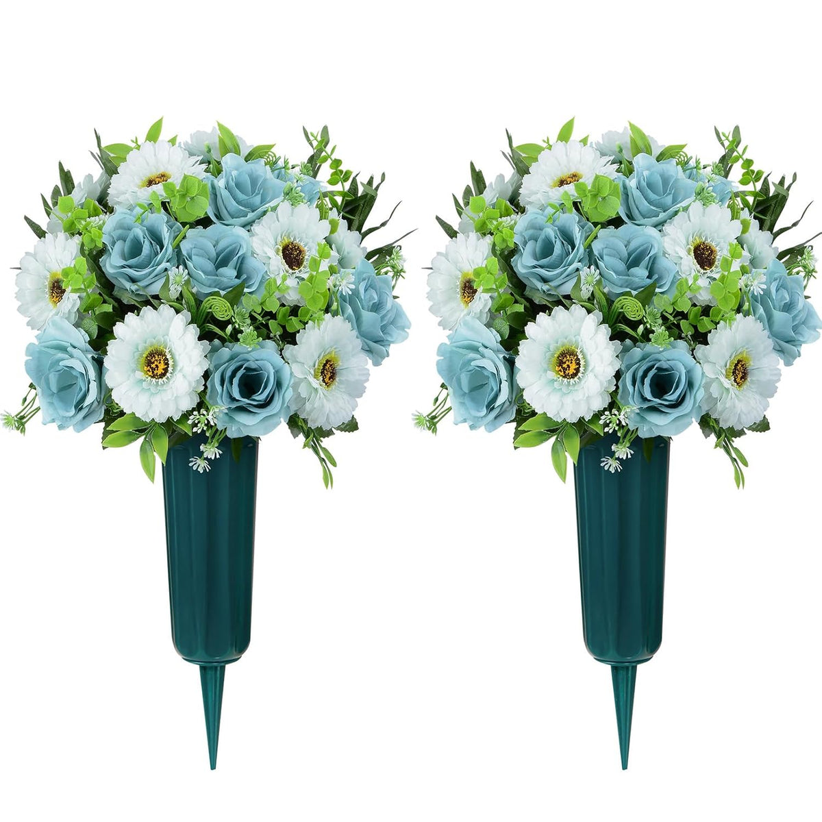 Artificial Cemetery Flowers, Artificial Silk Blue Rose Gerbera Flowers Bouquet For Grave Decoration, Set Of 2 Spring Memorial Flowers With Vase