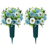 Artificial Cemetery Flowers, Artificial Silk Blue Rose Gerbera Flowers Bouquet For Grave Decoration, Set Of 2 Spring Memorial Flowers With Vase