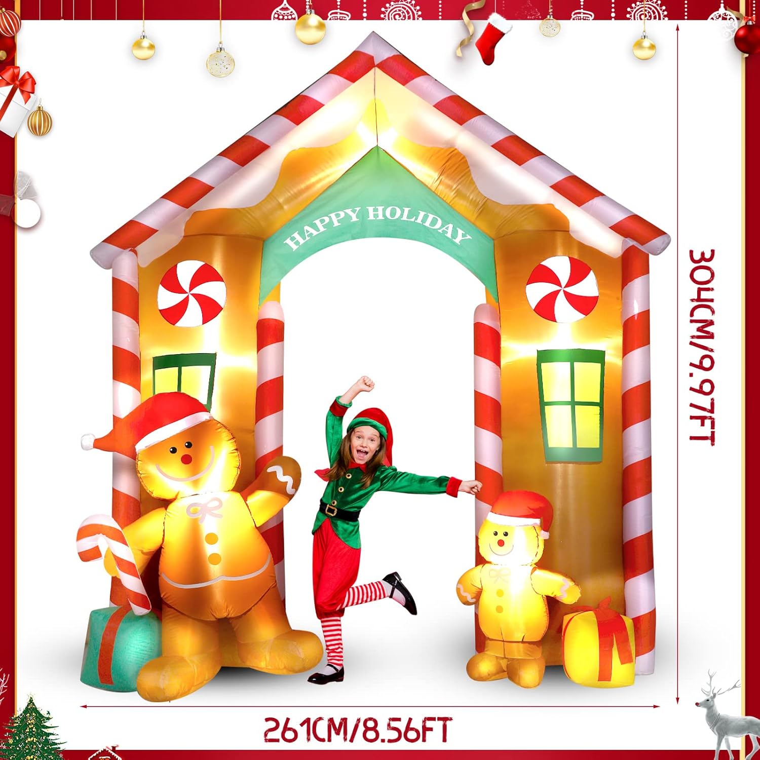9.97 Ft Inflatable Christmas Arch Outdoor Decoration Blow Up Gingerbread Man Cookie House And Peppermint Decor With Led