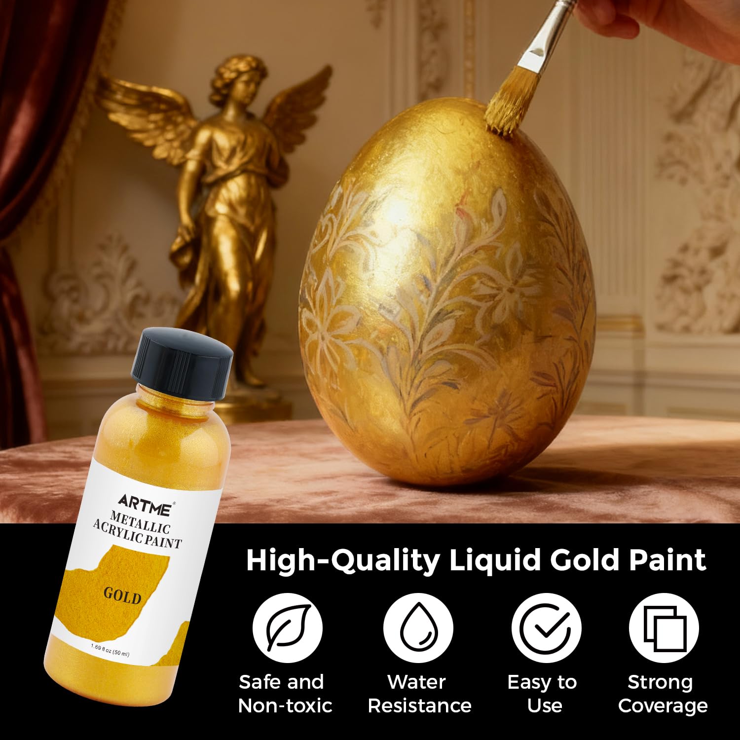 Liquid Gold Leaf Paint, 1.69 Oz/50 Ml Acrylic Metallic Gold Paint For Art Painting, Handcrafts, Non-Toxic, Non-Fading Touch Up Paints Ideal For Canvas, Wood, Fabric, Ceramic, Metal, Furniture