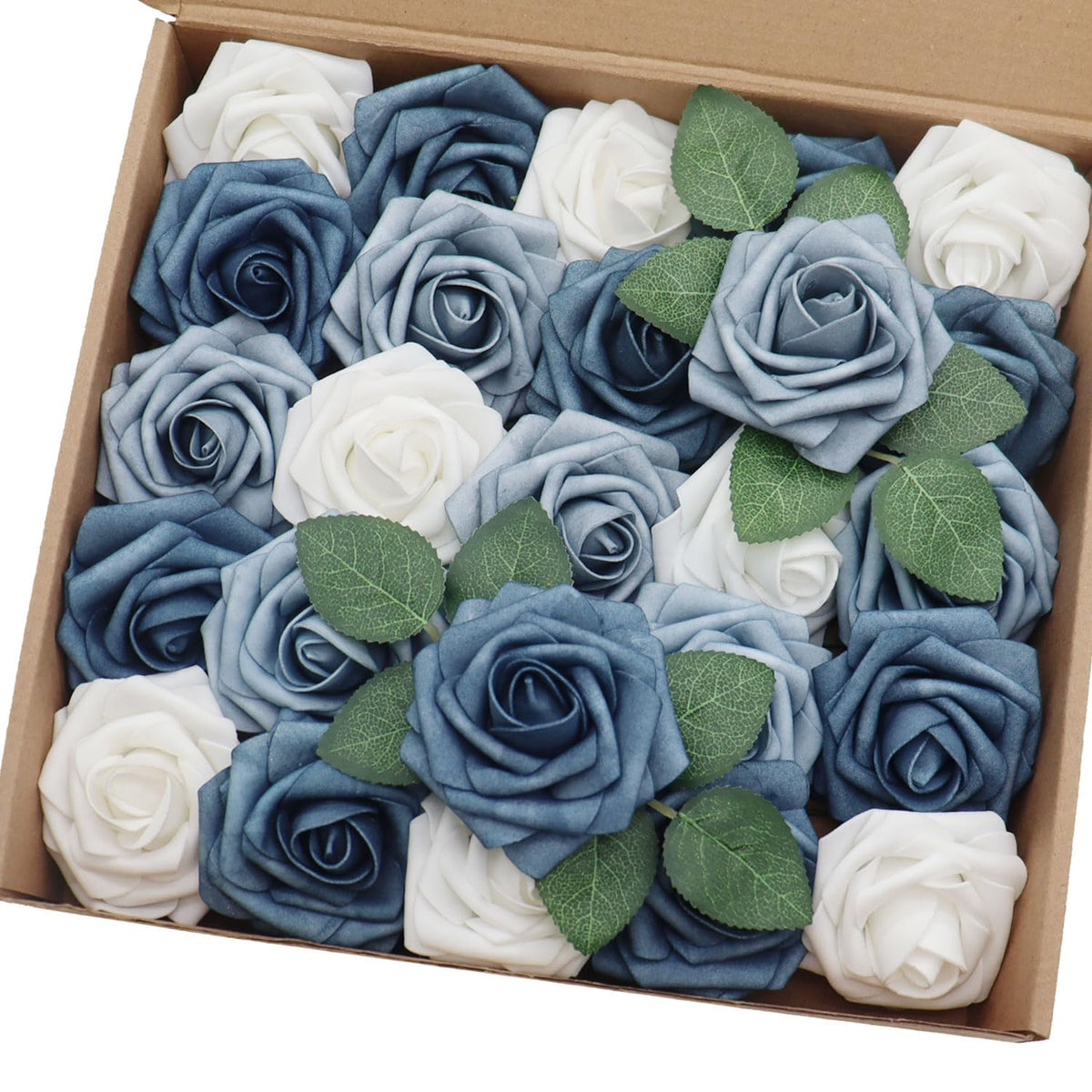 Artificial Flowers 25Pcs Real Looking White & Dusty Blue Shades Fake Roses With Stem For Diy Wedding Bouquets Centerpieces Baby Shower Party Home Decorations