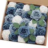 Artificial Flowers 25Pcs Real Looking White & Dusty Blue Shades Fake Roses With Stem For Diy Wedding Bouquets Centerpieces Baby Shower Party Home Decorations