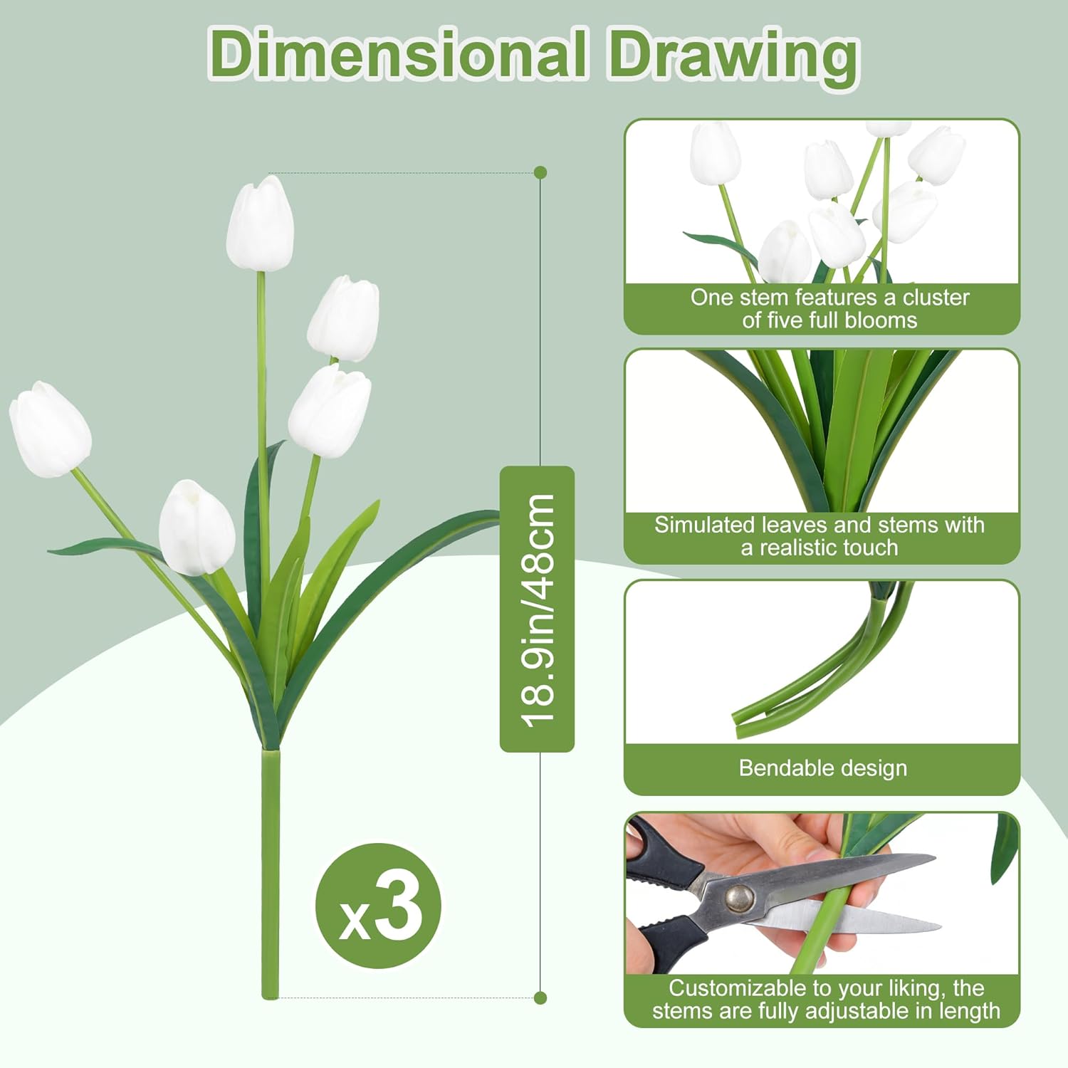 18.9 "Large White Imitation Tulip Artificial Flowers, 15-Piece Pack. Perfect For Spring Weddings, Valentine'S Day, Easter, Mother'S Day, And Elegant Home And Table Vase Arrangements.