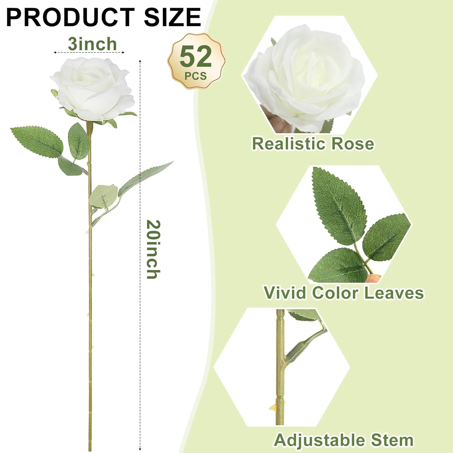 Artificial Roses Bulk White Silk Rose With Stem, 52Pcs Fake Flowers Decoration For Wedding Table Centerpieces Bridal Bouquet Home Decor